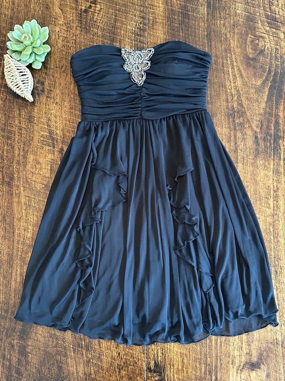 MyMichelle | Y2K Black Strapless Beaded Chiffon Ruffle Cocktail Mini Dress, Sz 3